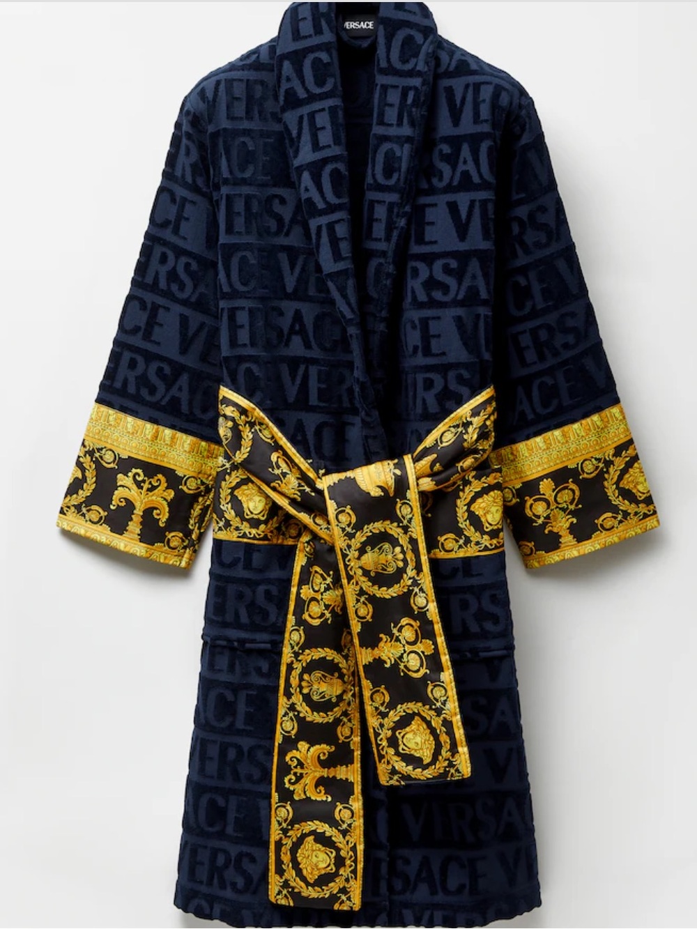 Versace Navy and Gold Baroque Logo Robe